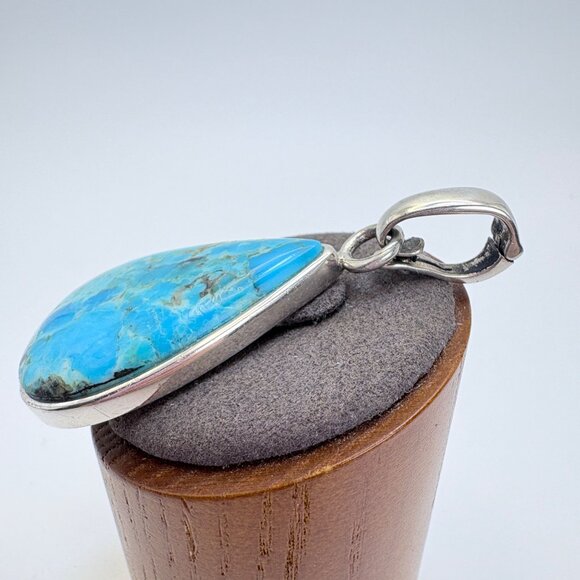 VTG Sterling Silver 925 Turquoise Bezel Set Teardrop Pendant Size 2.5" Length - Picture 3 of 10